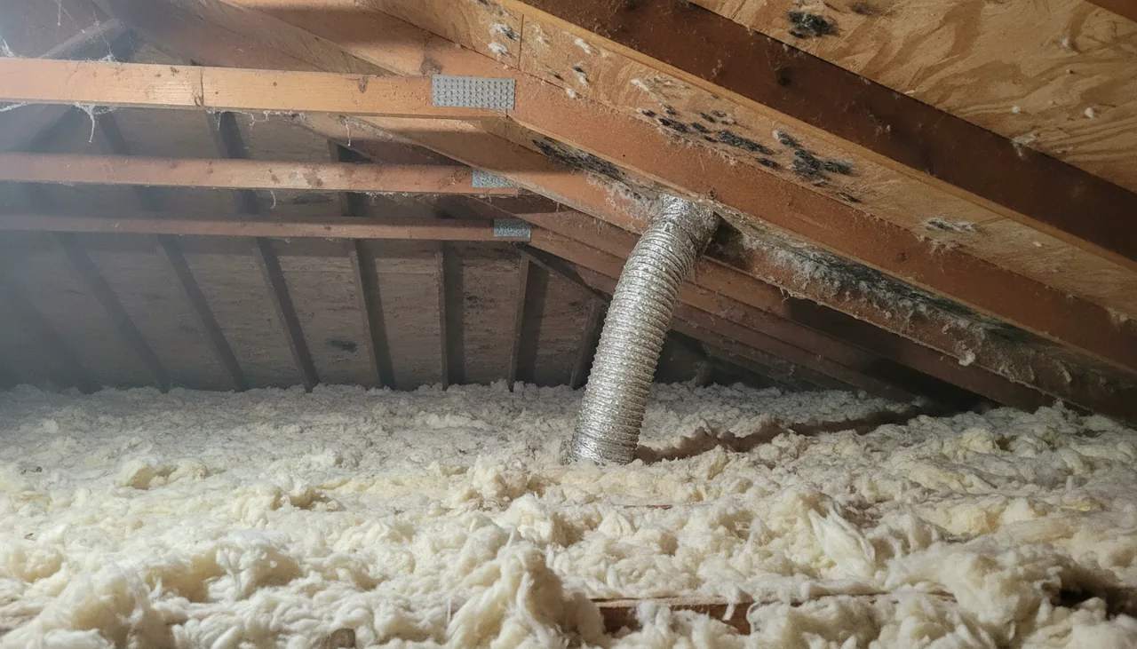Mold-stained roof decking and a loose bathroom fan duct in an attic in Lafayette, Louisiana