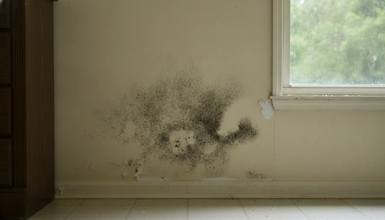 Dark mold on painted drywall behind a moved dresser near a window in a Lafayette, Louisiana bedroom