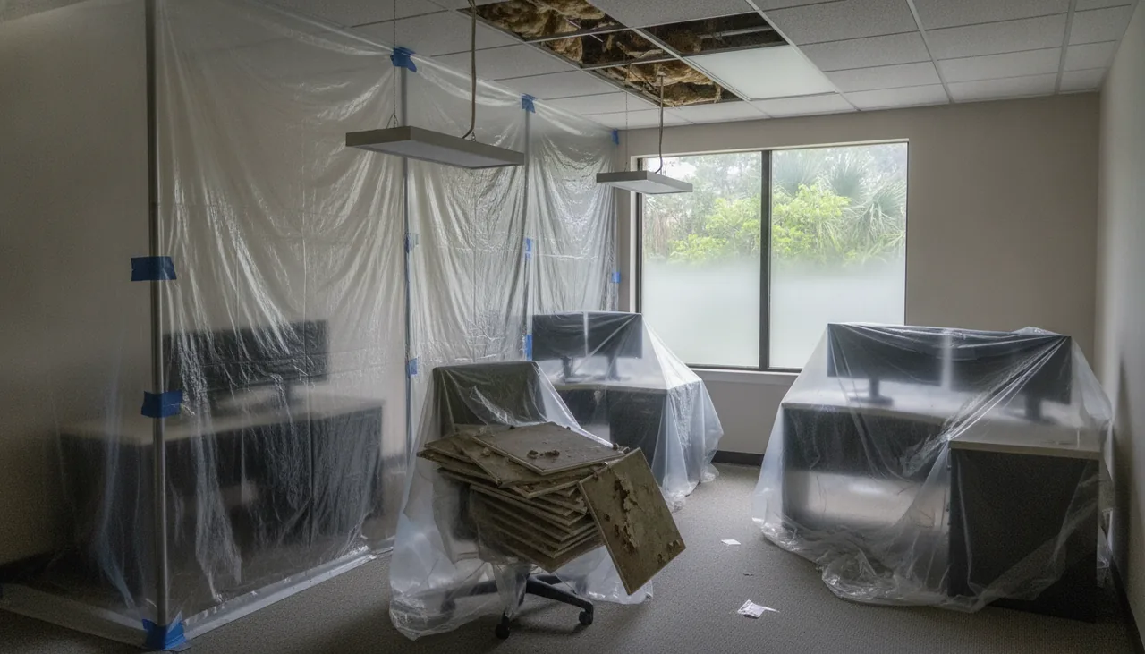 Office corner sealed off with plastic beneath water-stained ceiling tiles in Lafayette, Louisiana