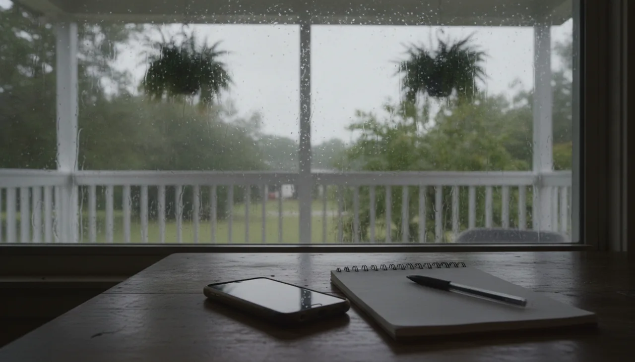 Phone and notepad on a kitchen table by a rain-streaked window in Lafayette, Louisiana