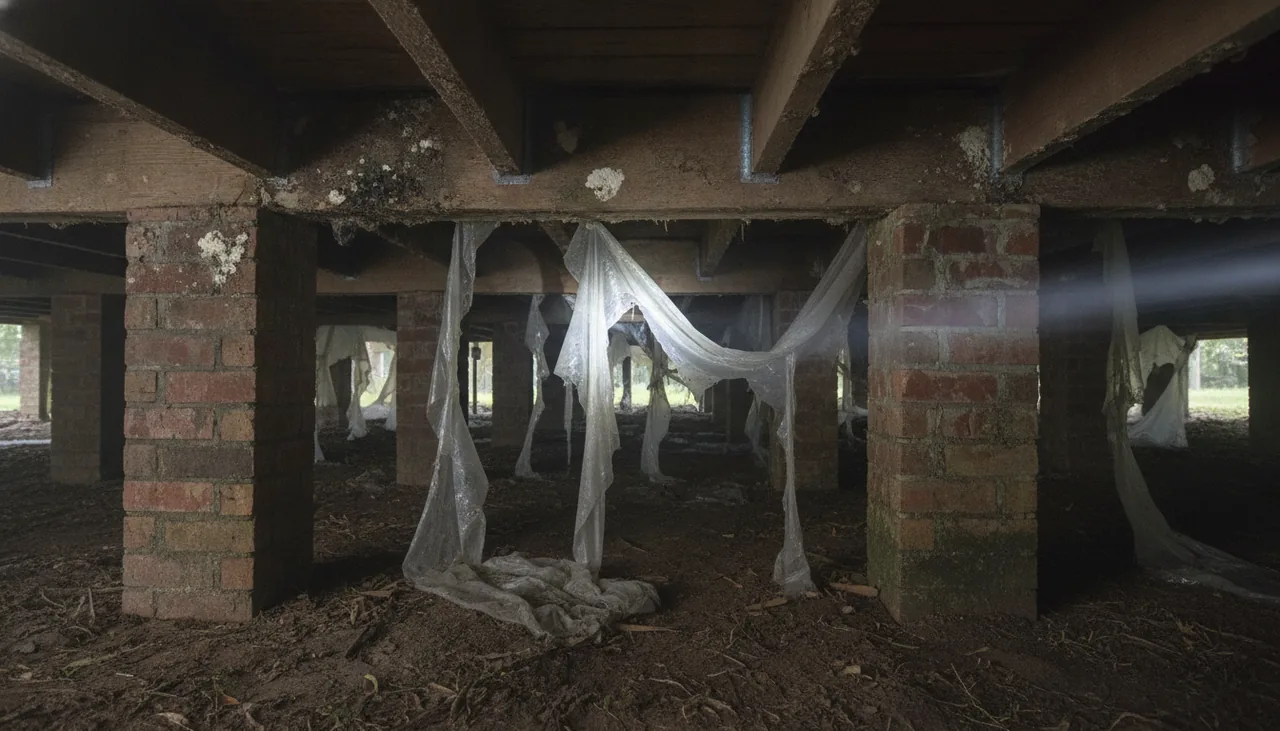 Mold on wood joists above damp soil and a torn vapor barrier in a crawl space under a Lafayette, Louisiana house