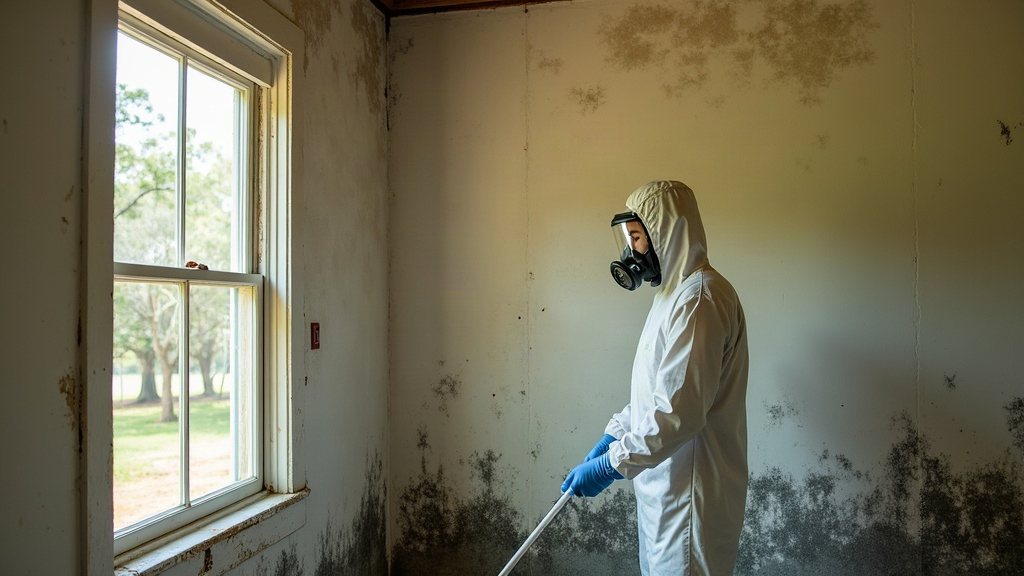 Lafayette mold remediation technician in Tyvek suit and respirator inspecting subfloor moisture