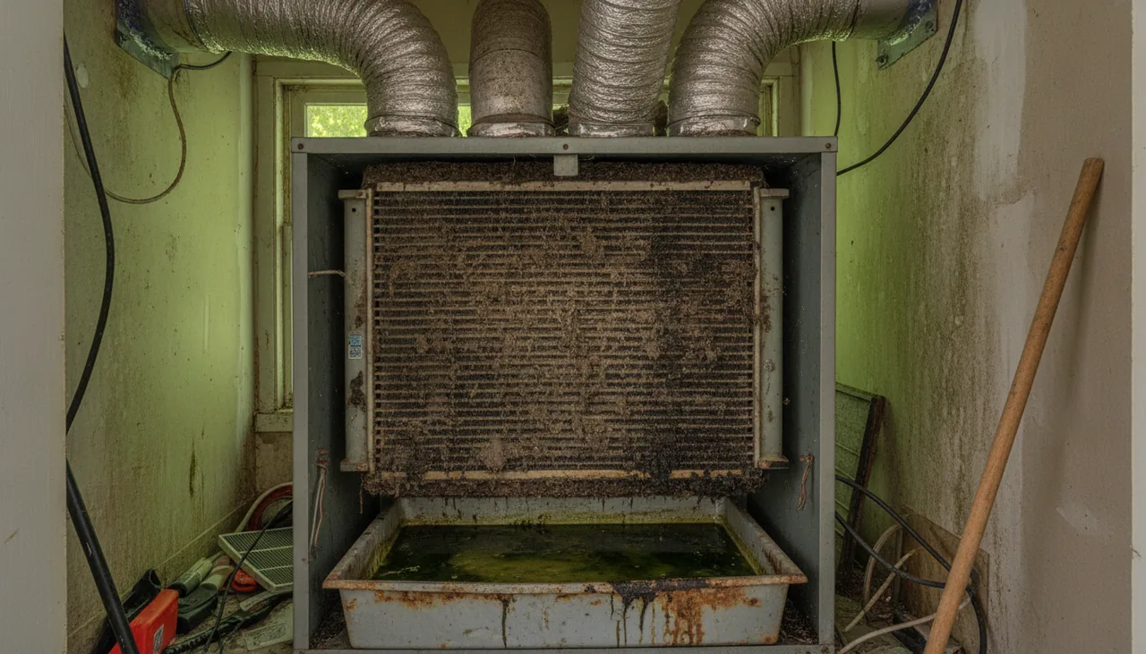 Open air handler with a dirty coil and wet drain pan in a utility closet in Lafayette, Louisiana