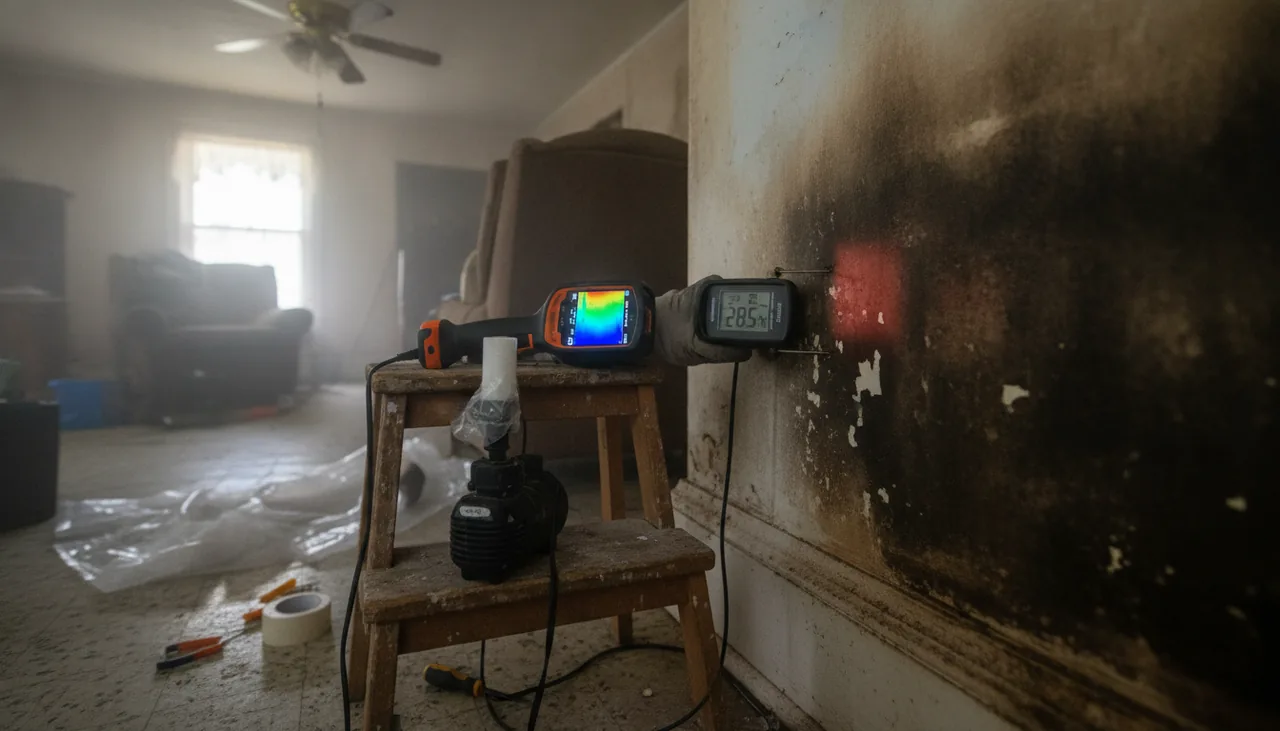 Moisture meter against a stained wall beside a thermal camera and air-sampling pump in Lafayette, Louisiana