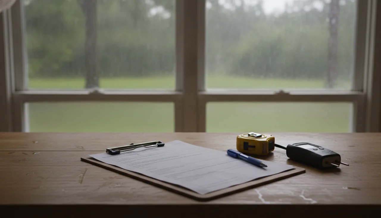 Clipboard, tape measure and moisture meter on a kitchen counter for a written mold quote in Lafayette, Louisiana