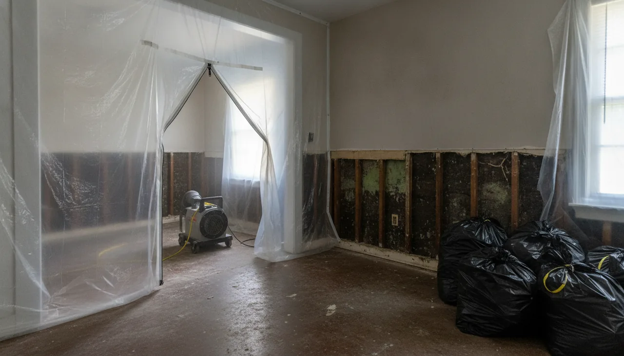 Bedroom sealed in plastic sheeting with the lower drywall cut out during mold remediation in Lafayette, Louisiana