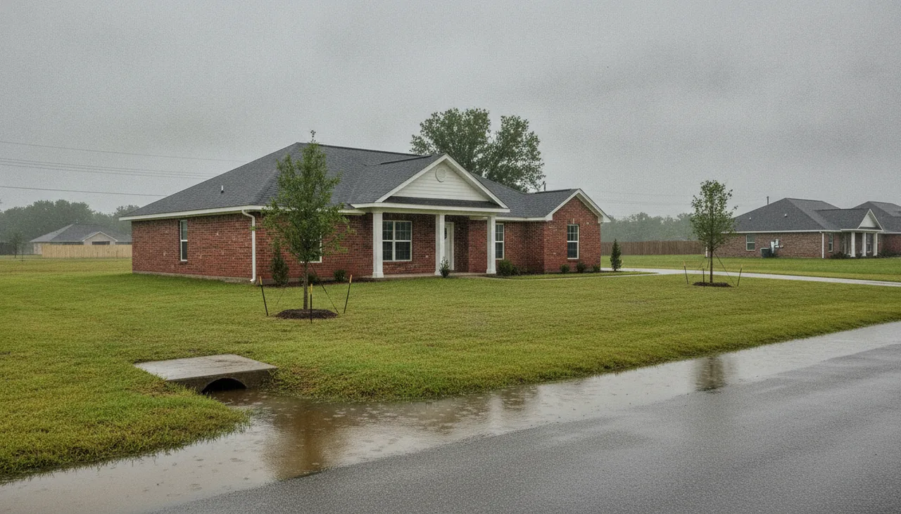 Newer brick slab house with a full drainage ditch after heavy rain in Broussard, Louisiana