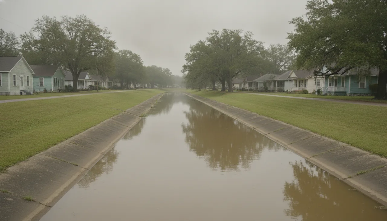 Drainage coulee with standing water behind houses in Lafayette Parish, Louisiana