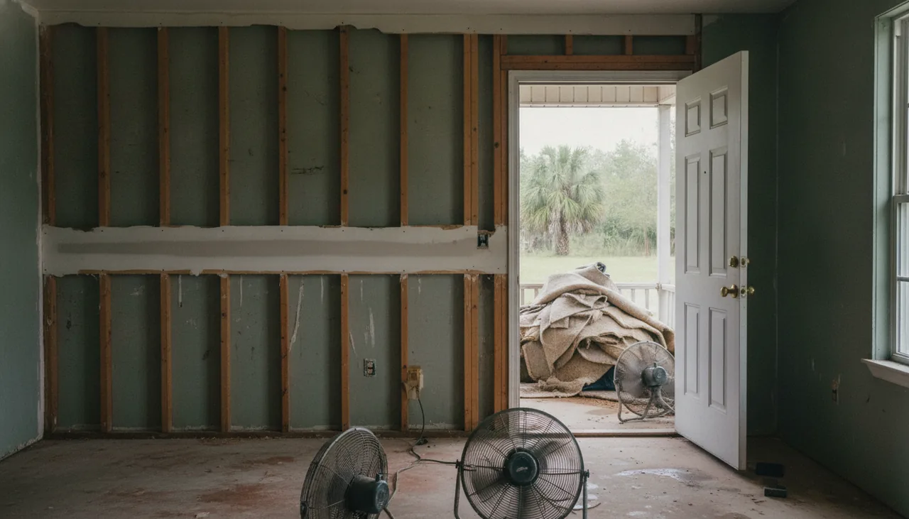 Flood-cut drywall and exposed studs in a house drying out after high water in Lafayette, Louisiana