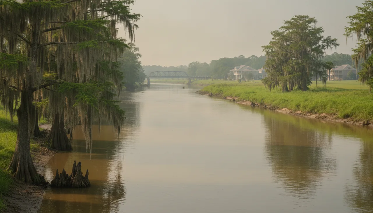 Cypress trees along a slow brown river on a humid day in Lafayette, Louisiana