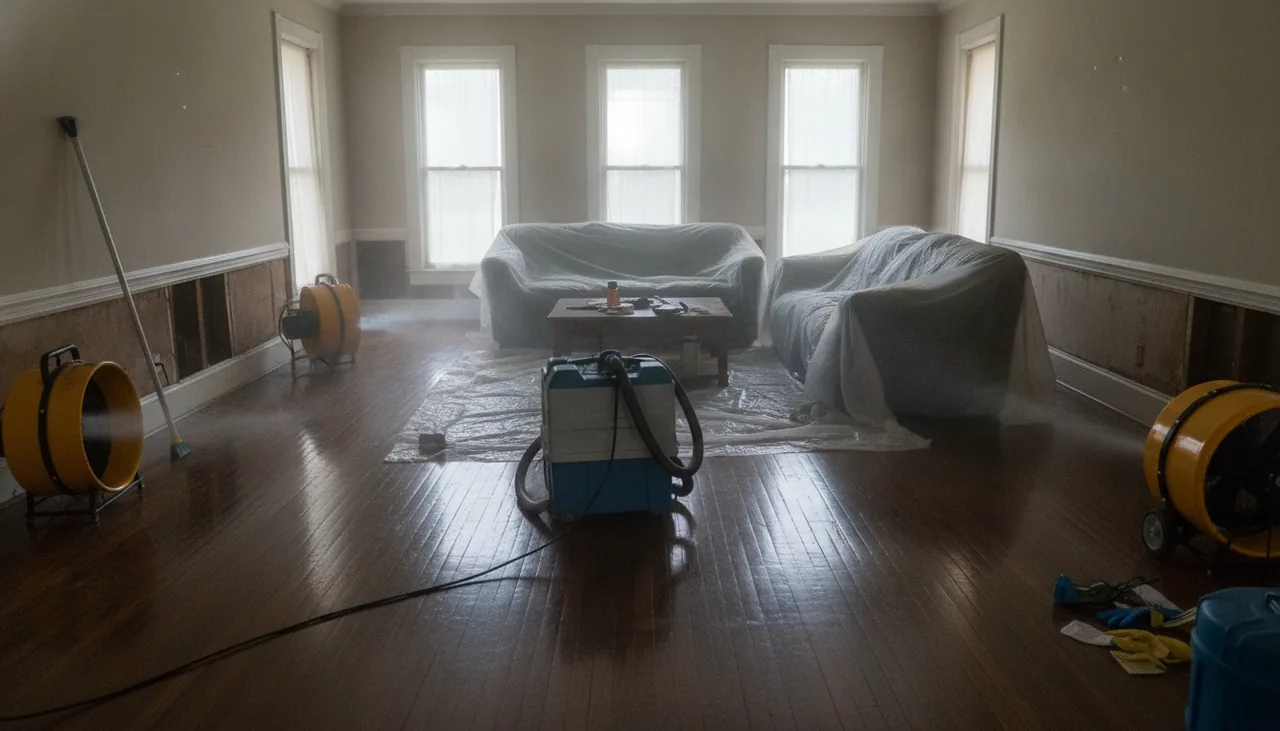 Air movers and a dehumidifier drying a wet wood floor in a Lafayette, Louisiana living room